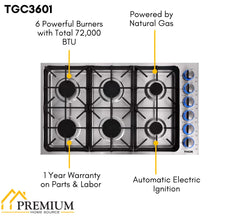 Thor 36 in. Drop - in Natural Gas Cooktop in Stainless Steel, TGC3601 - Smart Kitchen Lab