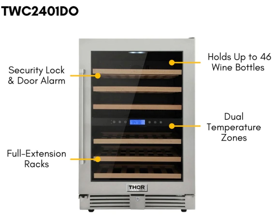 Perfectly Situation Openbox with Supper Discount Thor Kitchen 24 in. 46 Bottle Wine Cooler, TWC2401DO -R - Smart Kitchen Lab