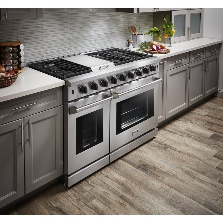 Perfectly Situation Openbox with Supper Discount Thor Kitchen 48 in. 6.8 cu. ft. Double Oven Propane Gas Range in Stainless Steel, LRG4807ULP -R - Smart Kitchen Lab