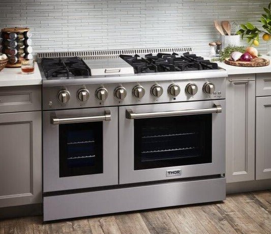 Perfectly Situation Openbox with Supper Discount Thor Kitchen 48 in. Natural Gas Burner, Electric Oven 6.7 cu. ft. Range in Stainless Steel, HRD4803U -R - Smart Kitchen Lab