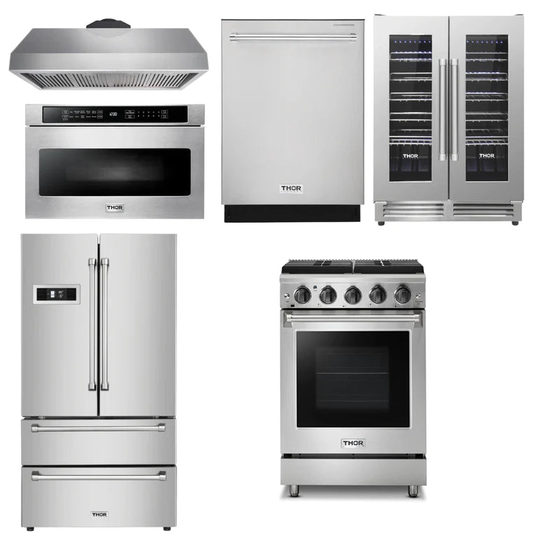 Thor Kitchen 24 inches Standard Professional Appliances 6-Piece: 24 inches Standard Professional Range,Stainless Steel Range Hood,French Door Refrigerator,Dishwasher,Microwave,Winecooler, AP-24-sd-6 - Smart Kitchen Lab