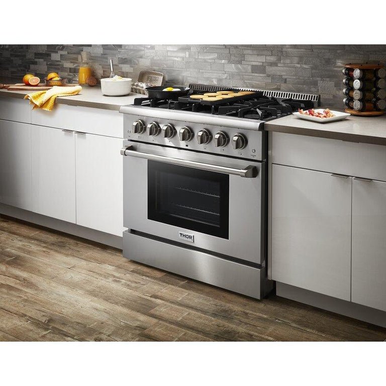 Thor Kitchen 36 in. Natural Gas Burner/Electric Oven Range in Stainless Steel, HRD3606U - Smart Kitchen Lab