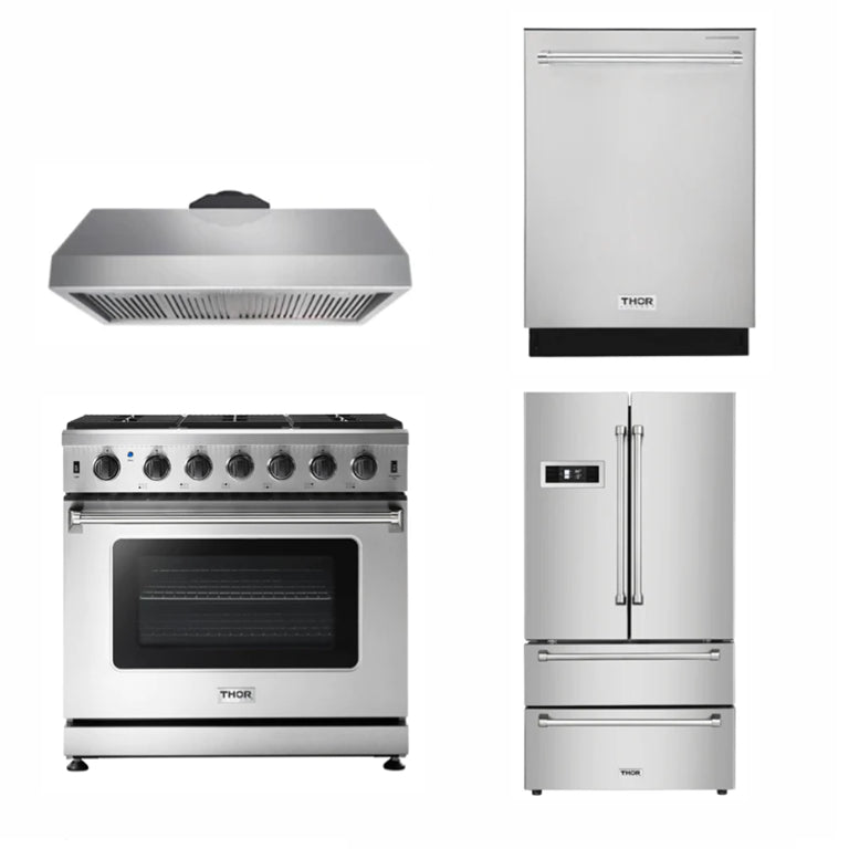 Thor Kitchen 36 inches High Qulity Professional Appliances 4-Piece: 36 inches High Qulity Professional Range,Stainless Steel Range Hood,French Door Refrigerator,Dishwasher, Ap-36-hq-4 - Smart Kitchen Lab