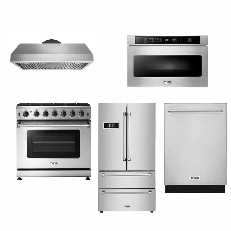 Thor Kitchen 36 inches High Qulity Professional Appliances 5-Piece: 36 inches High Qulity Professional Range,Stainless Steel Range Hood,French Door Refrigerator,Dishwasher,Microwave, Ap-36-hq-5 - Smart Kitchen Lab