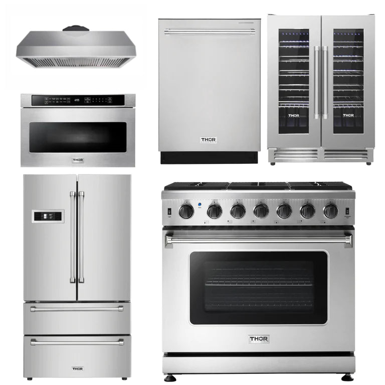 Thor Kitchen 36 inches High Qulity Professional Appliances 6-Piece: 36 inches High Qulity Professional Range,Stainless Steel Range Hood,French Door Refrigerator,Dishwasher,Microwave,Winecooler, Ap-36-hq-6 - Smart Kitchen Lab