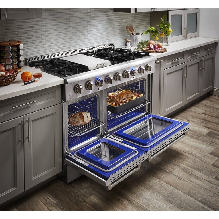 Thor Kitchen 48 in. Natural Gas Burner, Electric Oven 6.7 cu. ft. Range in Stainless Steel, HRD4803U - Smart Kitchen Lab