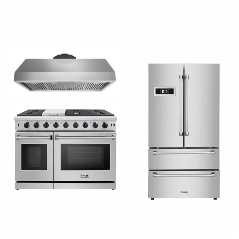 Thor Kitchen 48 inches High Qulity Professional Appliances 3-Piece: 48 inches High Qulity Professional Range,Stainless Steel Range Hood,French Door Refrigerator, Ap-48-hq-3 - Smart Kitchen Lab