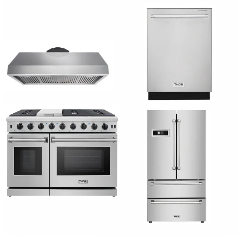 Thor Kitchen 48 inches High Qulity Professional Appliances 4-Piece: 48 inches High Qulity Professional Range,Stainless Steel Range Hood,French Door Refrigerator,Dishwasher, Ap-48-hq-4 - Smart Kitchen Lab