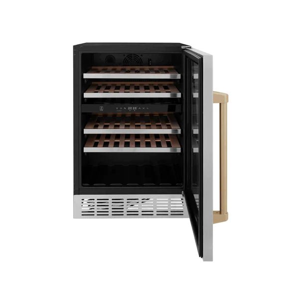 ZLINE 24" Autograph Dual Zone 44-Bottle Wine Cooler in Stainless Steel with Champagne Bronze Accents, RWVZ-UD-24-CB - Smart Kitchen Lab