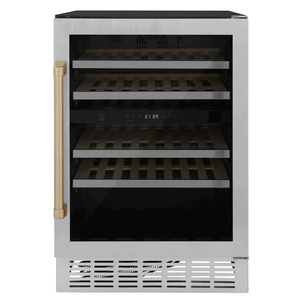 ZLINE 24" Autograph Dual Zone 44-Bottle Wine Cooler in Stainless Steel with Champagne Bronze Accents, RWVZ-UD-24-CB - Smart Kitchen Lab