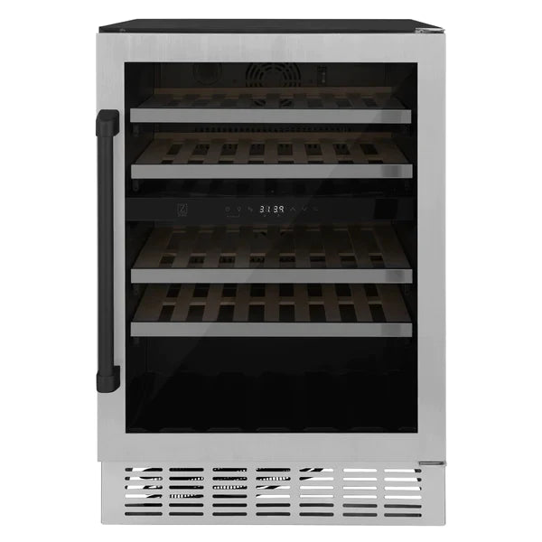 ZLINE 24" Autograph Dual Zone 44-Bottle Wine Cooler in Stainless Steel with Matte Black Accents, RWVZ-UD-24-MB - Smart Kitchen Lab