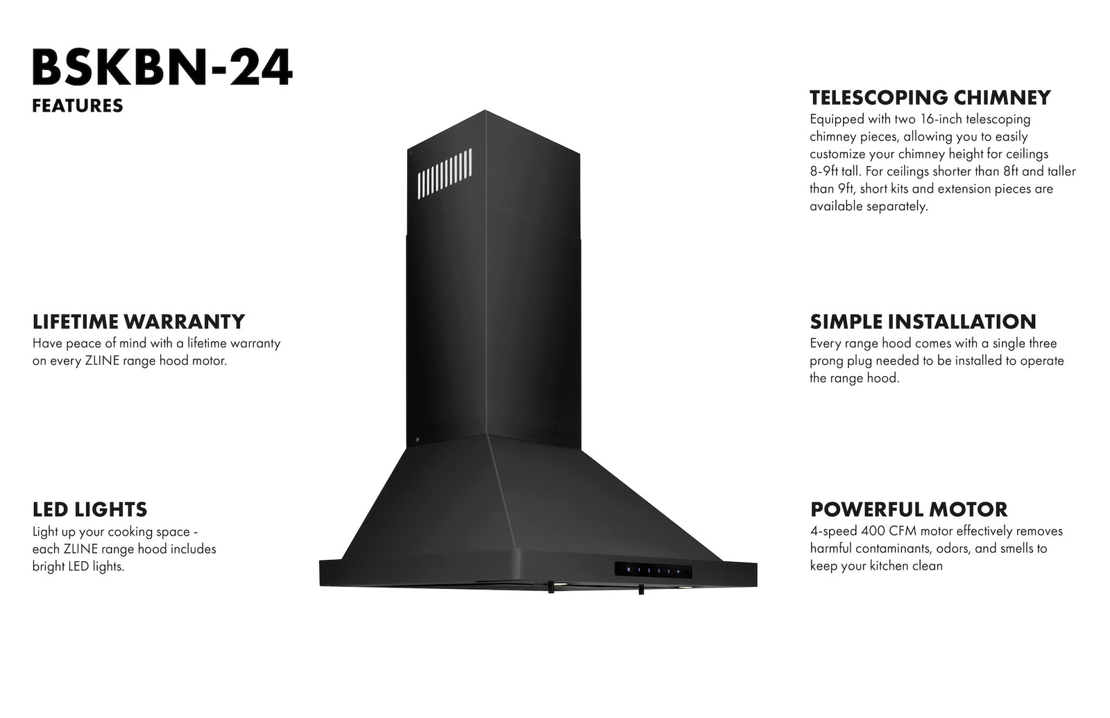 ZLINE 24 in. Convertible Vent Wall Mount Range Hood in Black Stainless Steel, BSKBN-24 - Smart Kitchen Lab