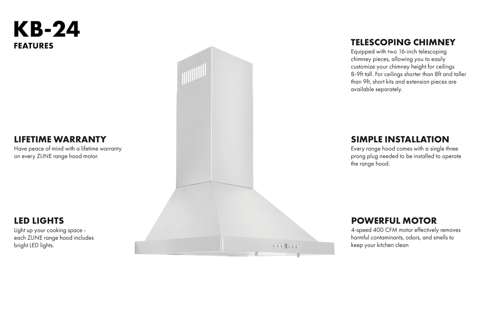 ZLINE 24 in. Convertible Vent Wall Mount Range Hood in Stainless Steel, KB-24 - Smart Kitchen Lab