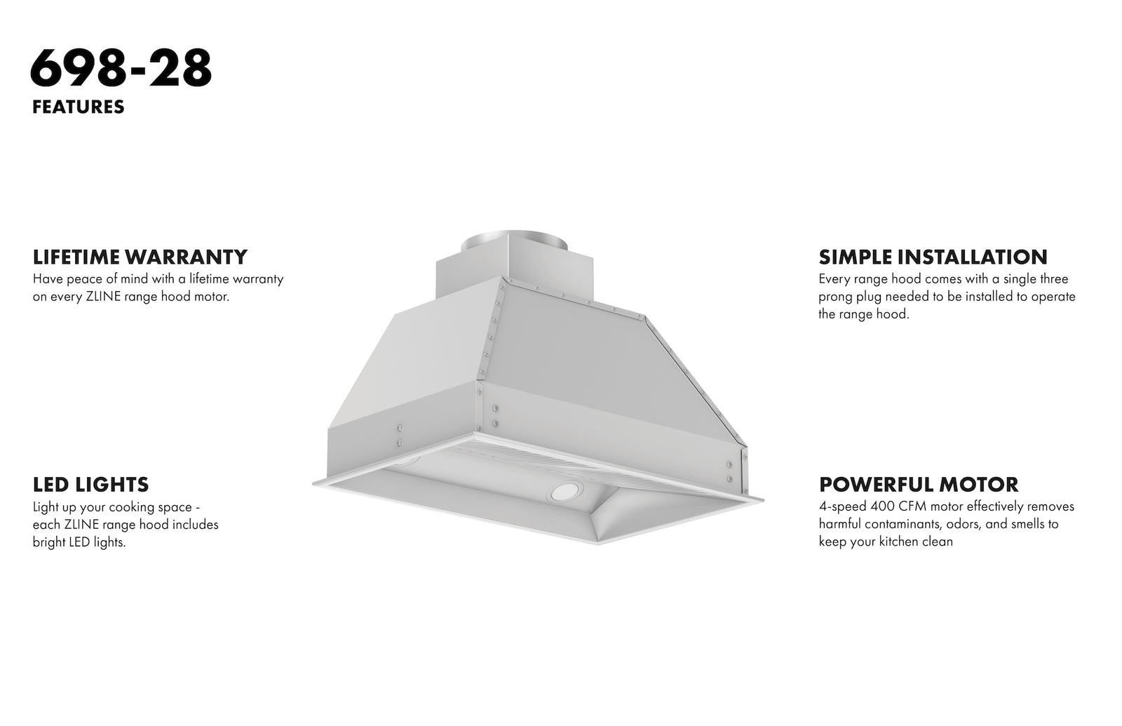 ZLINE 28 in. Width Wall Mount Range Hood Insert (18 in. Depth), 698-28 - Smart Kitchen Lab