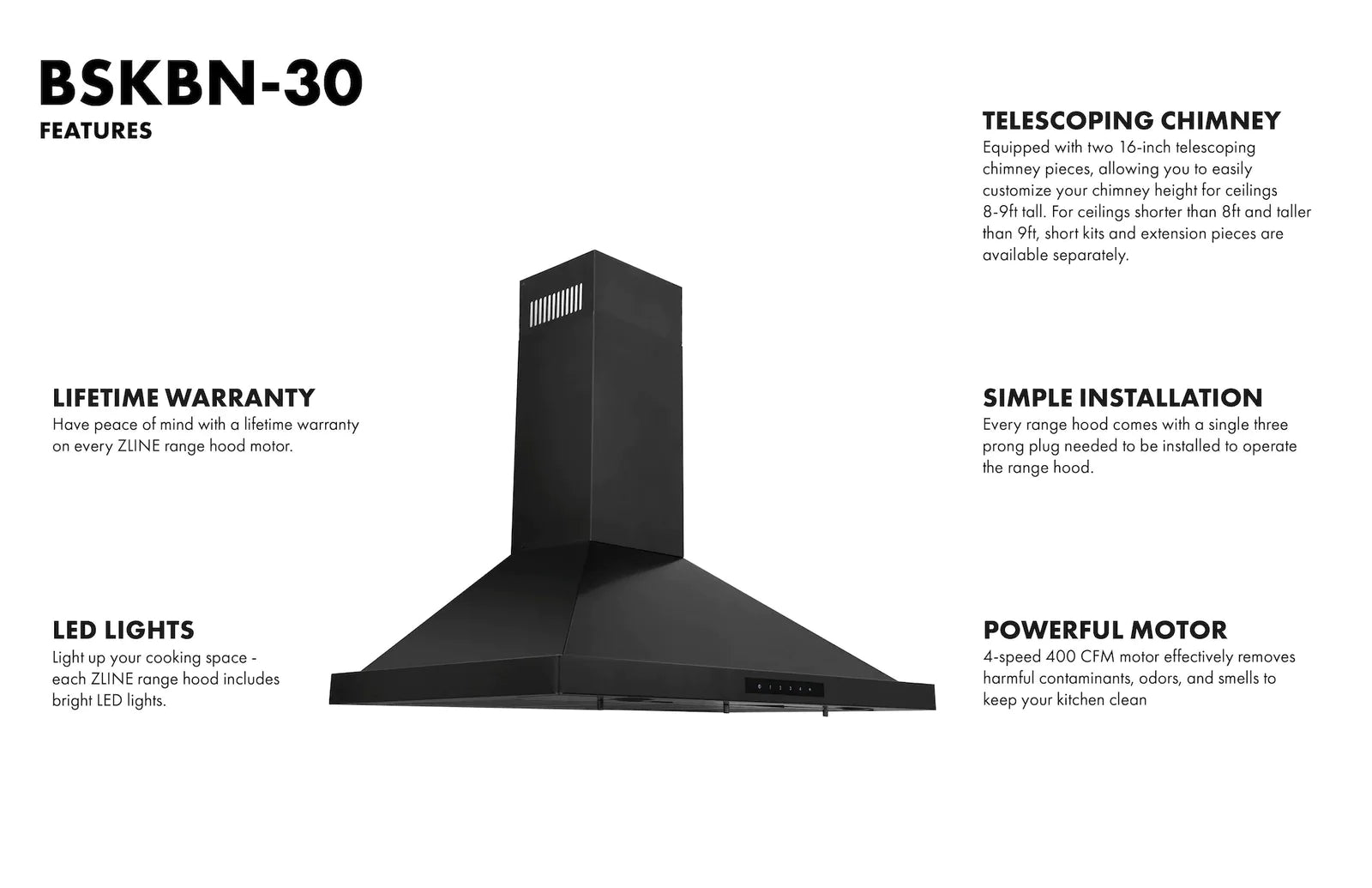 ZLINE 30 in. Convertible Vent Wall Mount Range Hood in Black Stainless Steel, BSKBN-30 - Smart Kitchen Lab