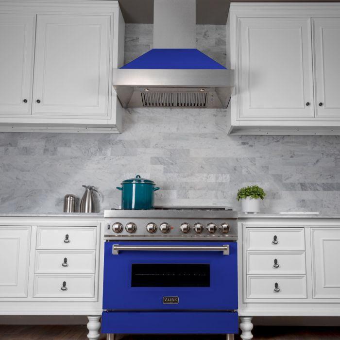 ZLINE 30 in. Ducted DuraSnow® Stainless Steel Range Hood with Blue Matte Shell, 8654BM-30 - Smart Kitchen Lab