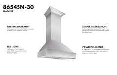 ZLINE 30 in. DuraSnow® Stainless Steel Range Hood with DuraSnow® Shell, 8654SN-30 - Smart Kitchen Lab