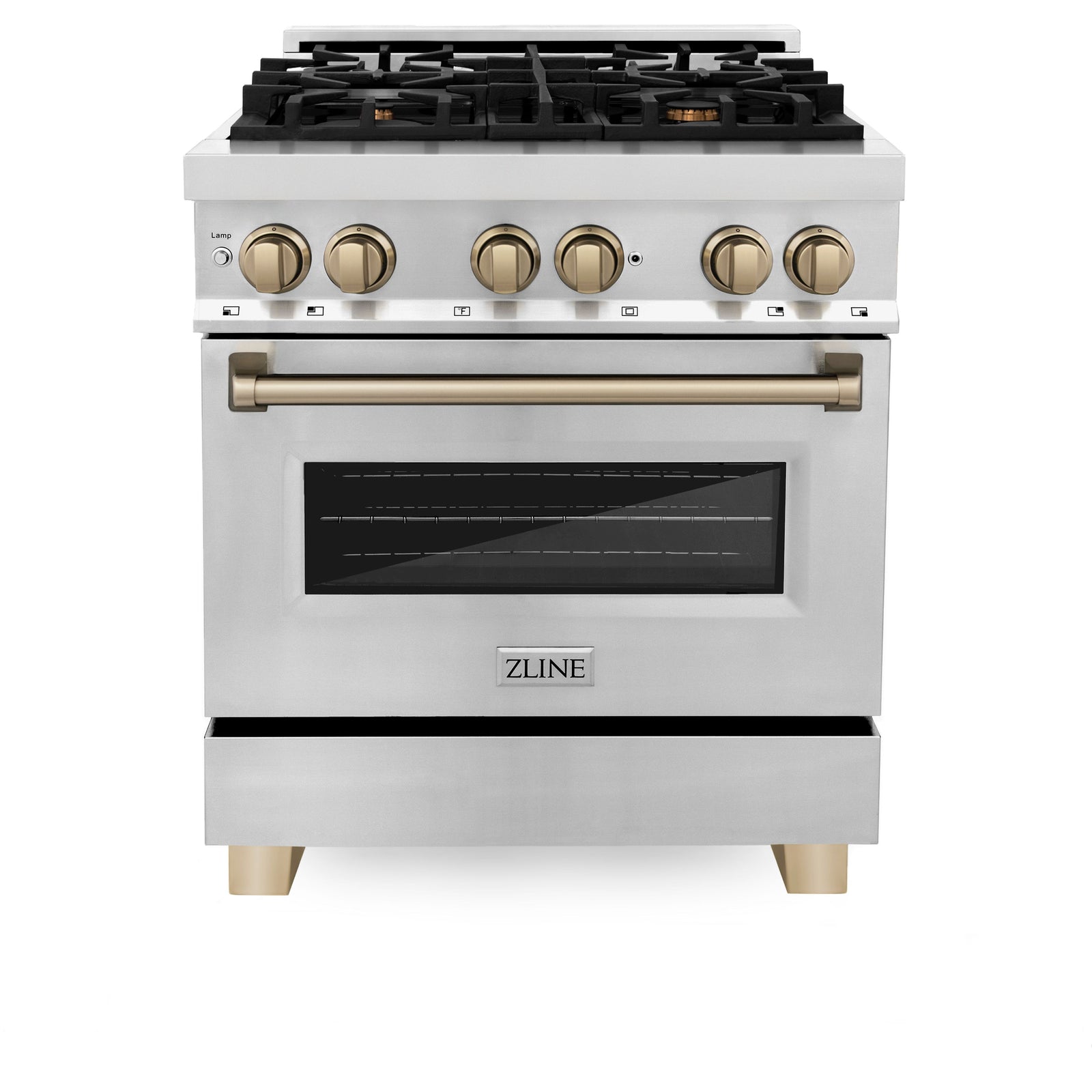 ZLINE 30 Inch Autograph Edition Dual Fuel Range in Stainless Steel with Champagne Bronze Accents, RAZ-30-CB - Smart Kitchen Lab