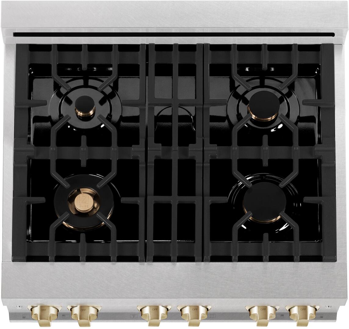 ZLINE 30 Inch Autograph Edition Gas Range in DuraSnow® Stainless Steel with White Matte Door and Champagne Bronze Accents, RGSZ-WM-30-CB - Smart Kitchen Lab