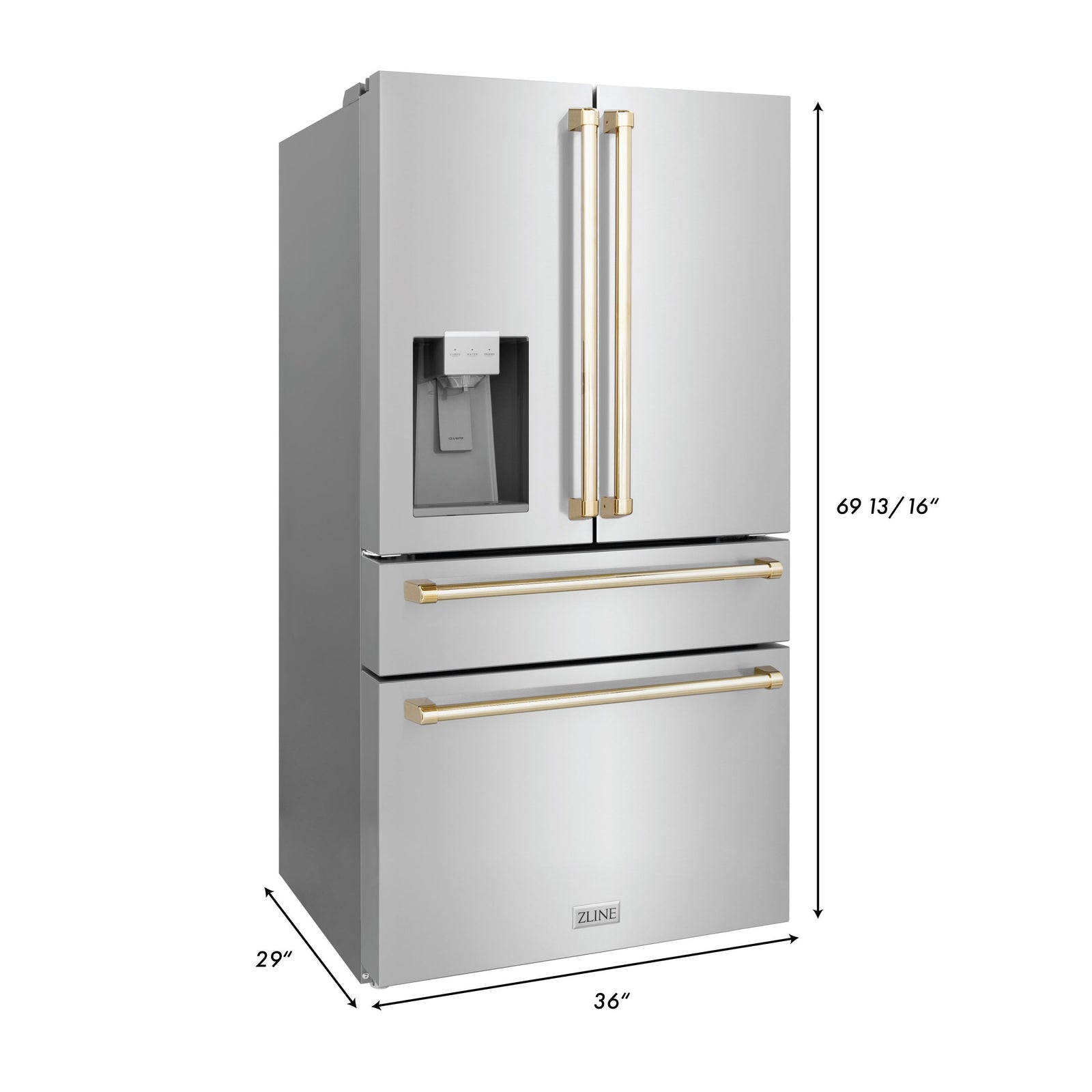 ZLINE 36 In. Autograph French Door Refrigerator with Water and Ice Dispenser in Fingerprint Resistant Stainless Steel with Gold Accents, RFMZ-W-36-G - Smart Kitchen Lab