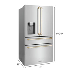 ZLINE 36 In. Autograph French Door Refrigerator with Water and Ice Dispenser in Fingerprint Resistant Stainless Steel with Gold Accents, RFMZ-W-36-G - Smart Kitchen Lab