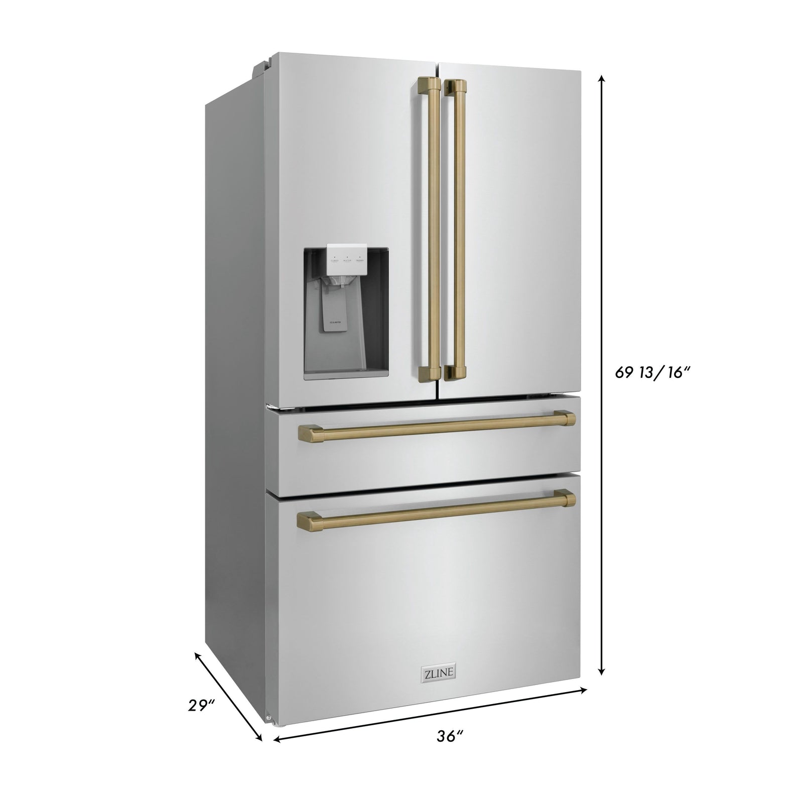 ZLINE 36 In. Autograph Refrigerator with Water and Ice Dispenser in Fingerprint Resistant Stainless Steel with Champagne Bronze Accents, RFMZ-W-36-CB - Smart Kitchen Lab