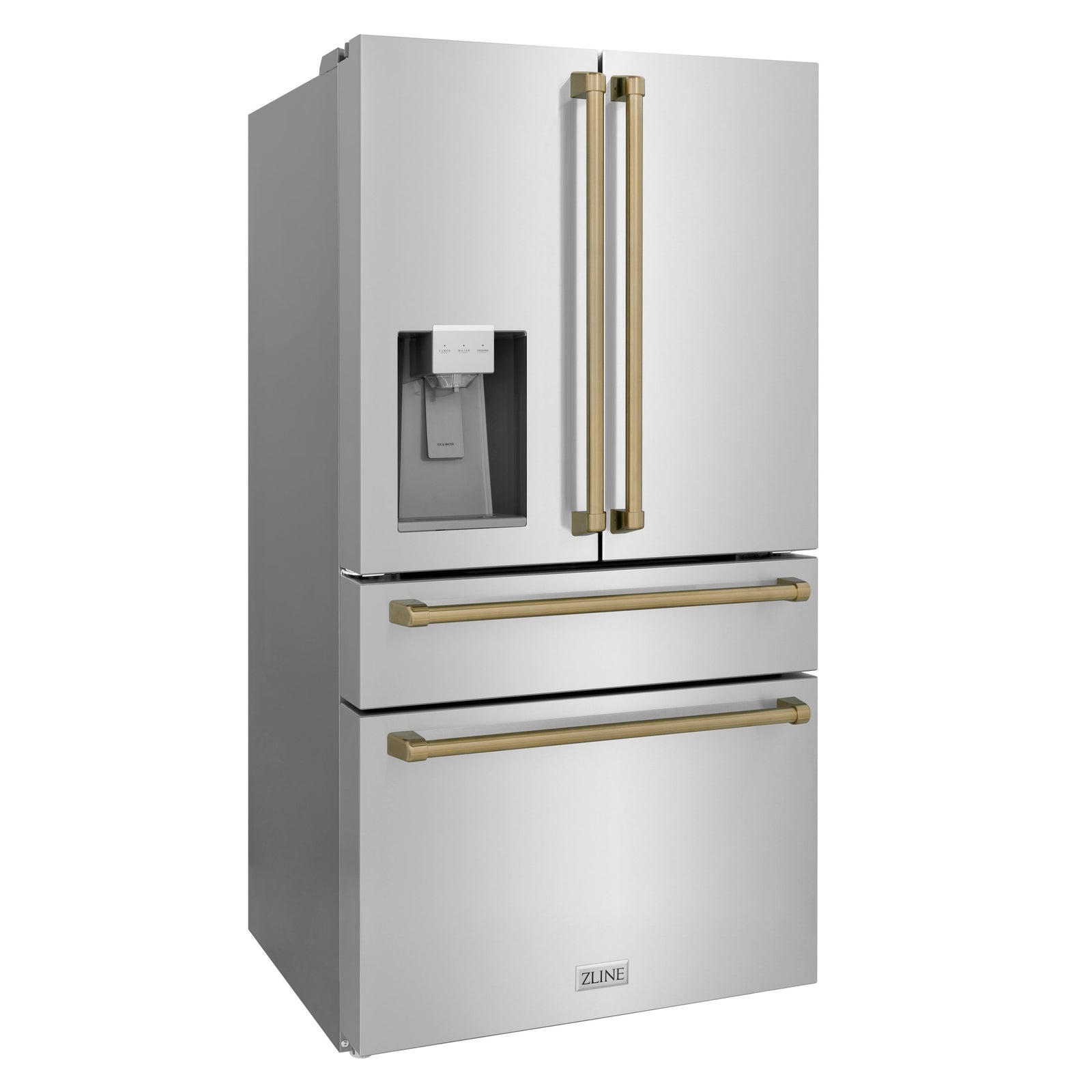 ZLINE 36 In. Autograph Refrigerator with Water and Ice Dispenser in Fingerprint Resistant Stainless Steel with Champagne Bronze Accents, RFMZ-W-36-CB - Smart Kitchen Lab