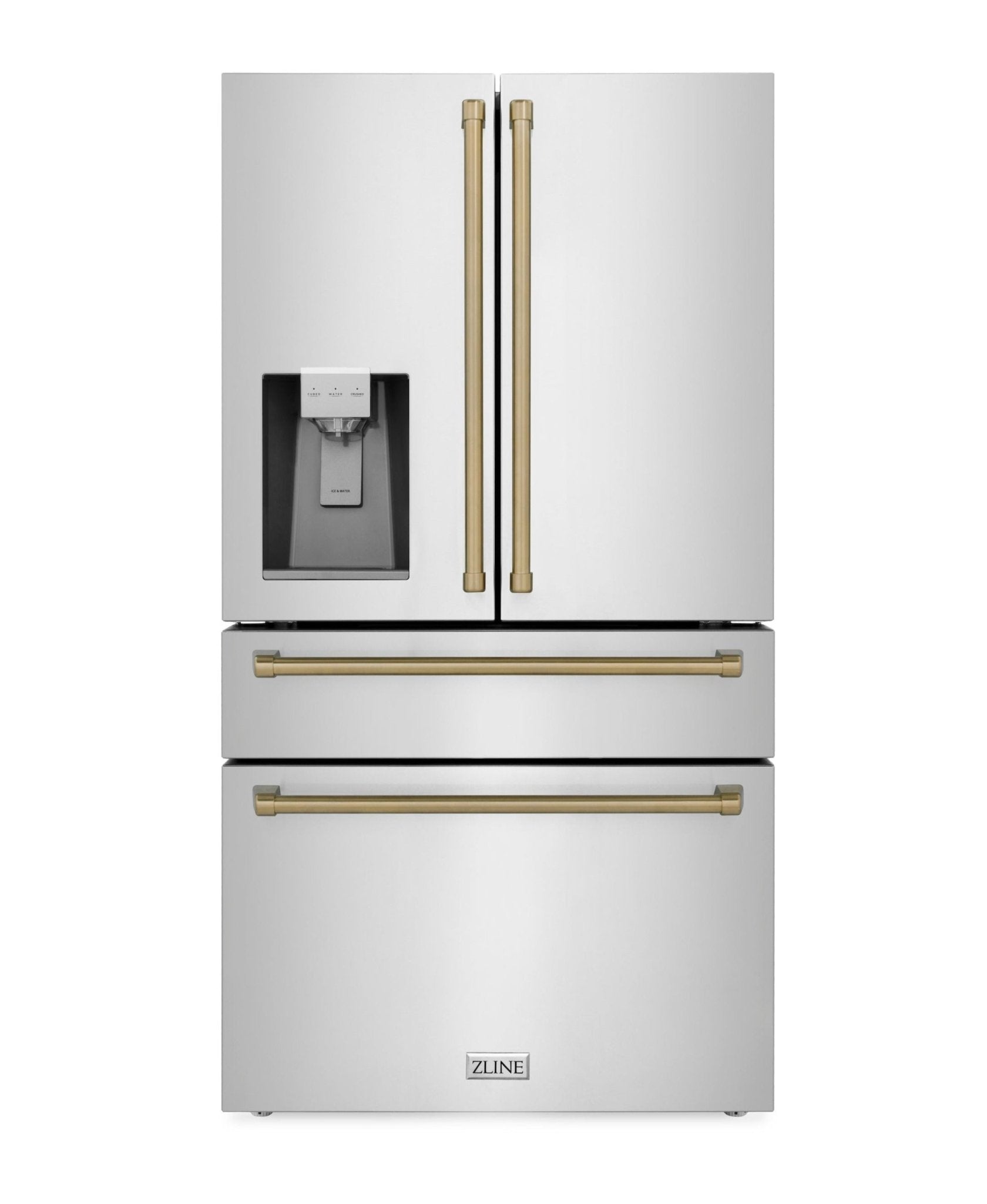 ZLINE 36 In. Autograph Refrigerator with Water and Ice Dispenser in Fingerprint Resistant Stainless Steel with Champagne Bronze Accents, RFMZ-W-36-CB - Smart Kitchen Lab