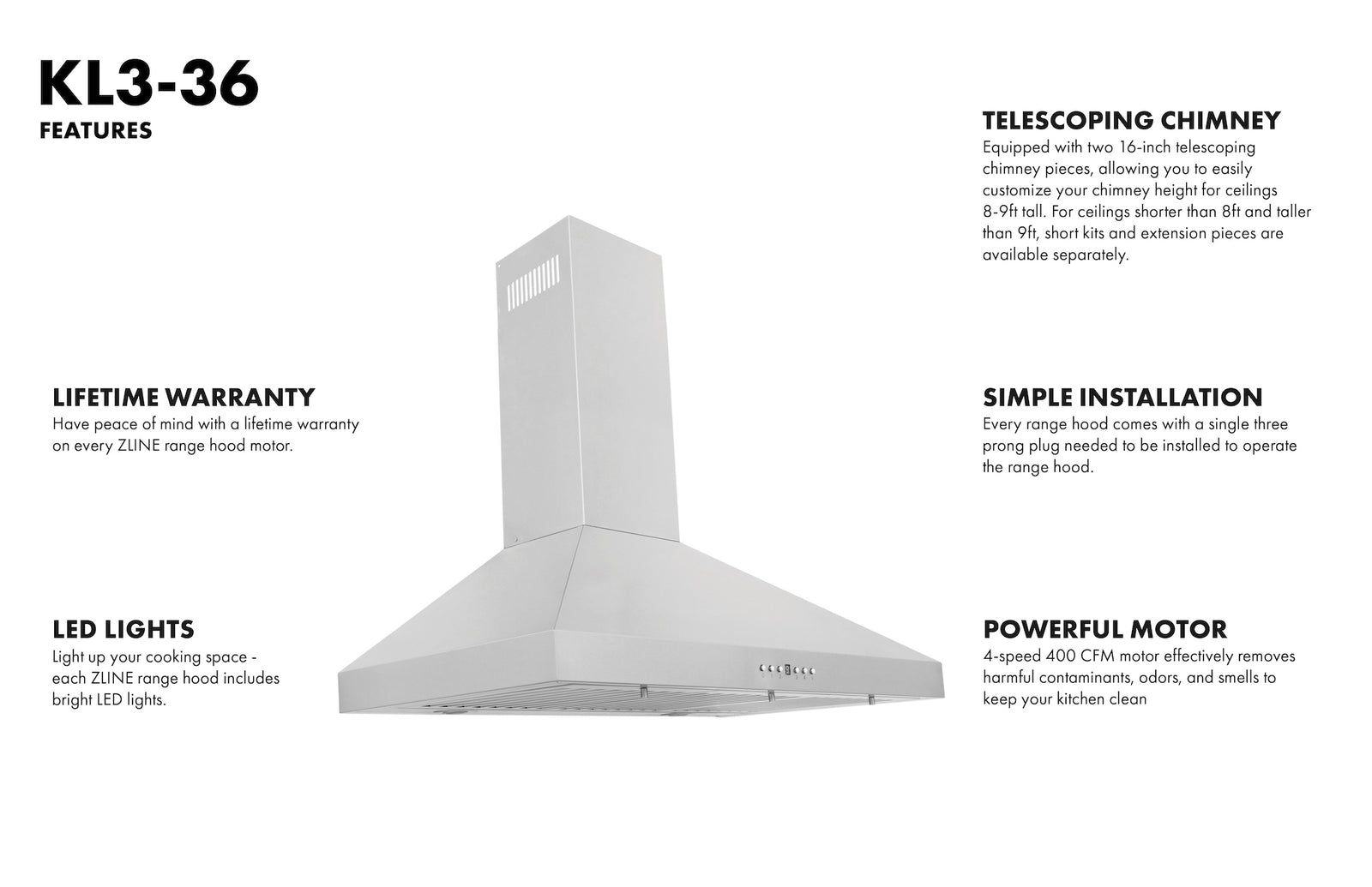 ZLINE 36 in. Convertible Vent Wall Mount Range Hood in Stainless Steel, KL3-36 - Smart Kitchen Lab