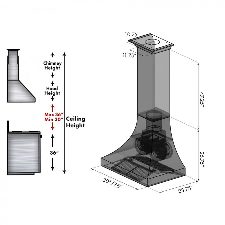 ZLINE 36 in. Designer Series DuraSnow® Stainless Finish Indoor Wall Range Hood, 8632S-36 - Smart Kitchen Lab