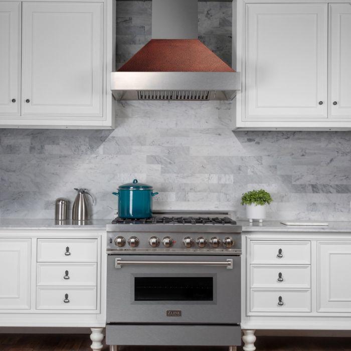 ZLINE 36 in. Ducted DuraSnow® Stainless Steel Range Hood with Hand-Hammered Copper Shell, 8654HH-36 - Smart Kitchen Lab