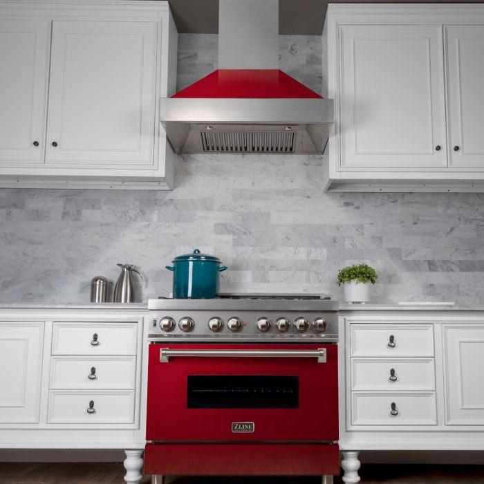 ZLINE 36 in. Ducted DuraSnow® Stainless Steel Range Hood with Red Gloss Shell, 8654RG-36 - Smart Kitchen Lab