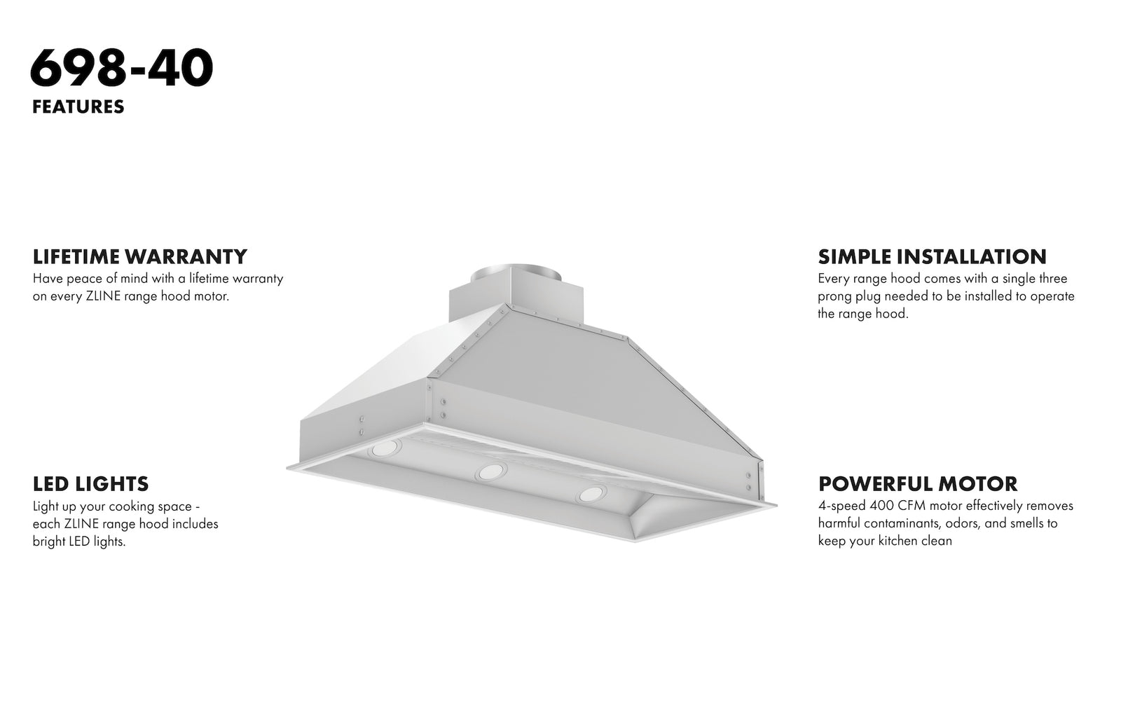 ZLINE 40 in. Width Wall Mount Range Hood Insert (18 in. Depth), 698-40 - Smart Kitchen Lab