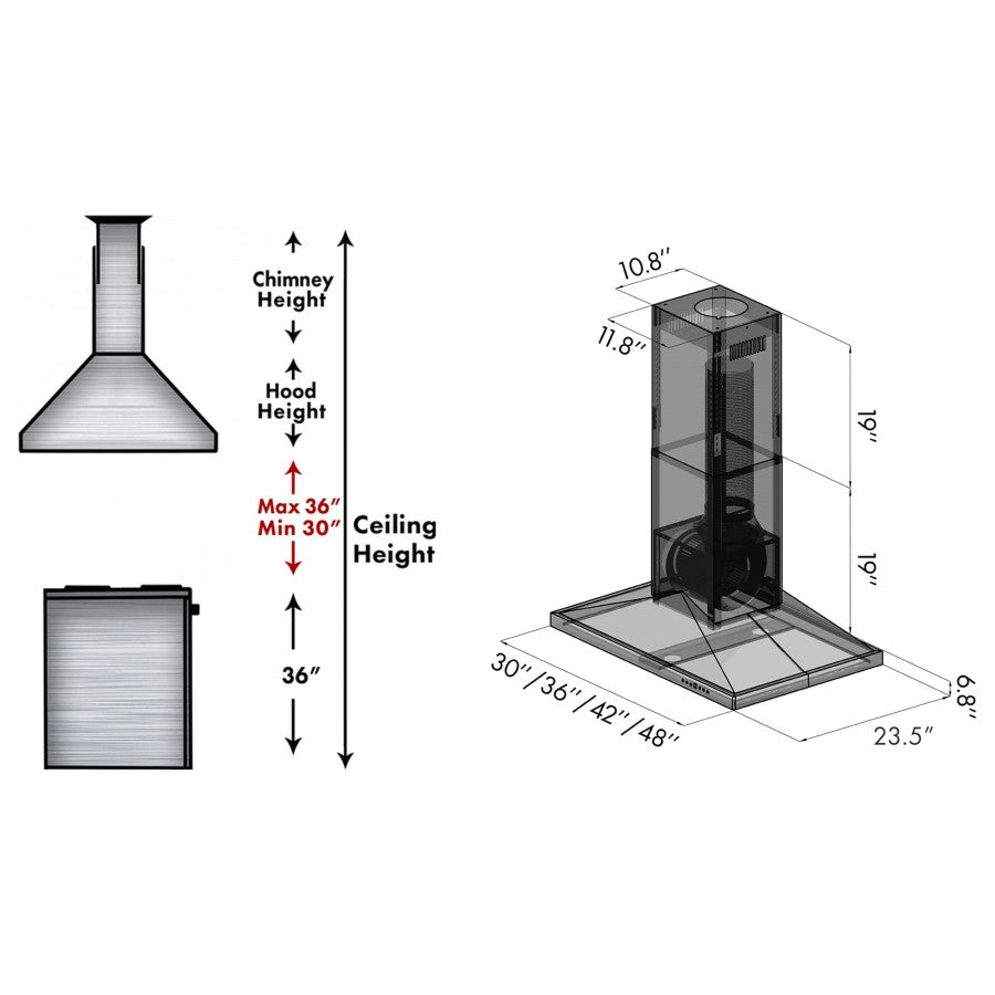 ZLINE 42 in. 400 CFM Island Range Hood Black Stainless Steel, BSGL2iN-42 - Smart Kitchen Lab