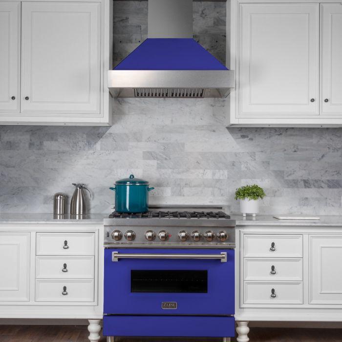 ZLINE 42 in. Ducted DuraSnow® Stainless Steel Range Hood with Blue Matte Shell, 8654BM-42 - Smart Kitchen Lab