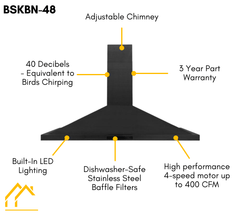 ZLINE 48 in. Convertible Vent Wall Mount Range Hood in Black Stainless Steel, BSKBN-48 - Smart Kitchen Lab