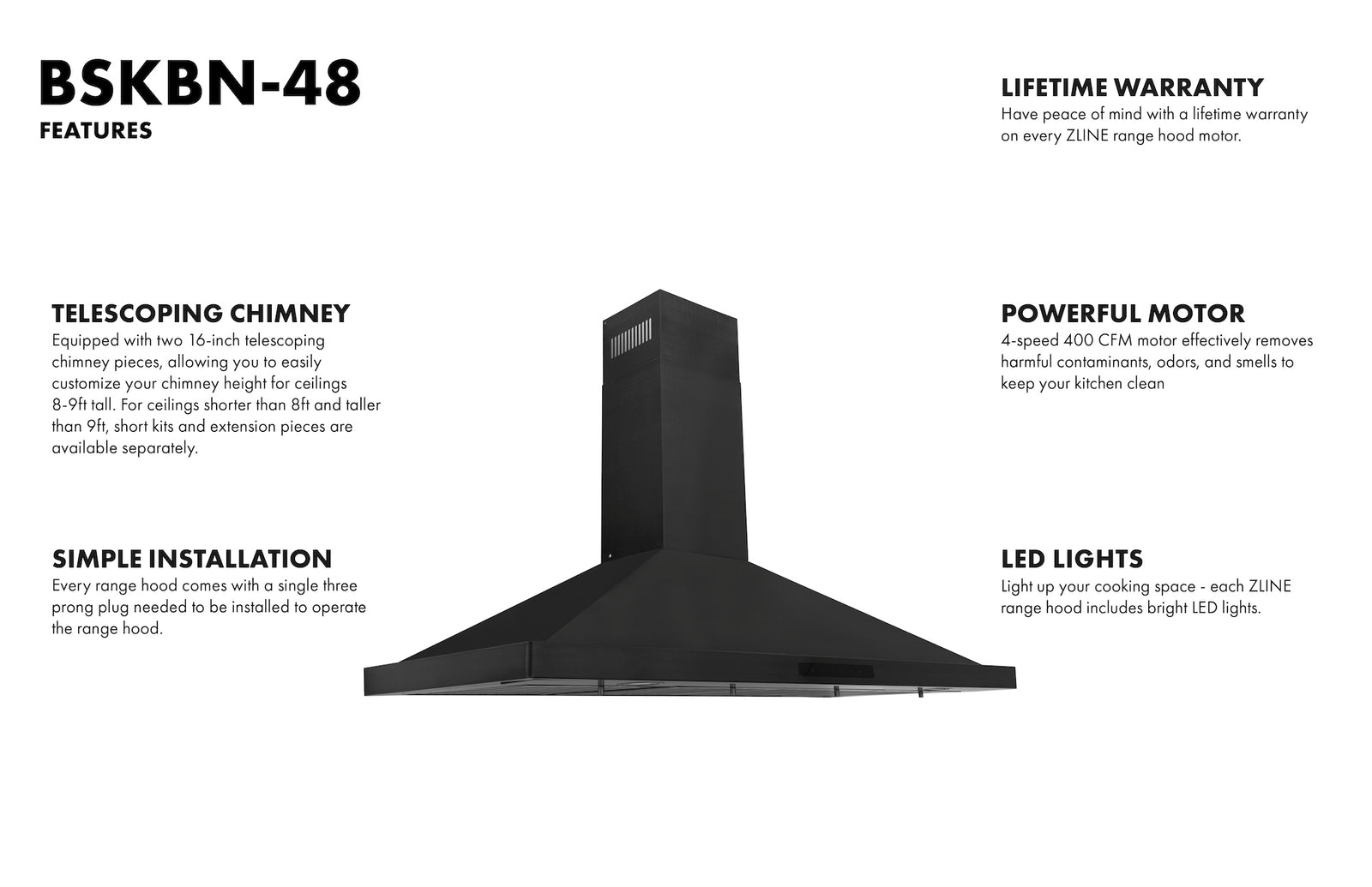 ZLINE 48 in. Convertible Vent Wall Mount Range Hood in Black Stainless Steel, BSKBN-48 - Smart Kitchen Lab