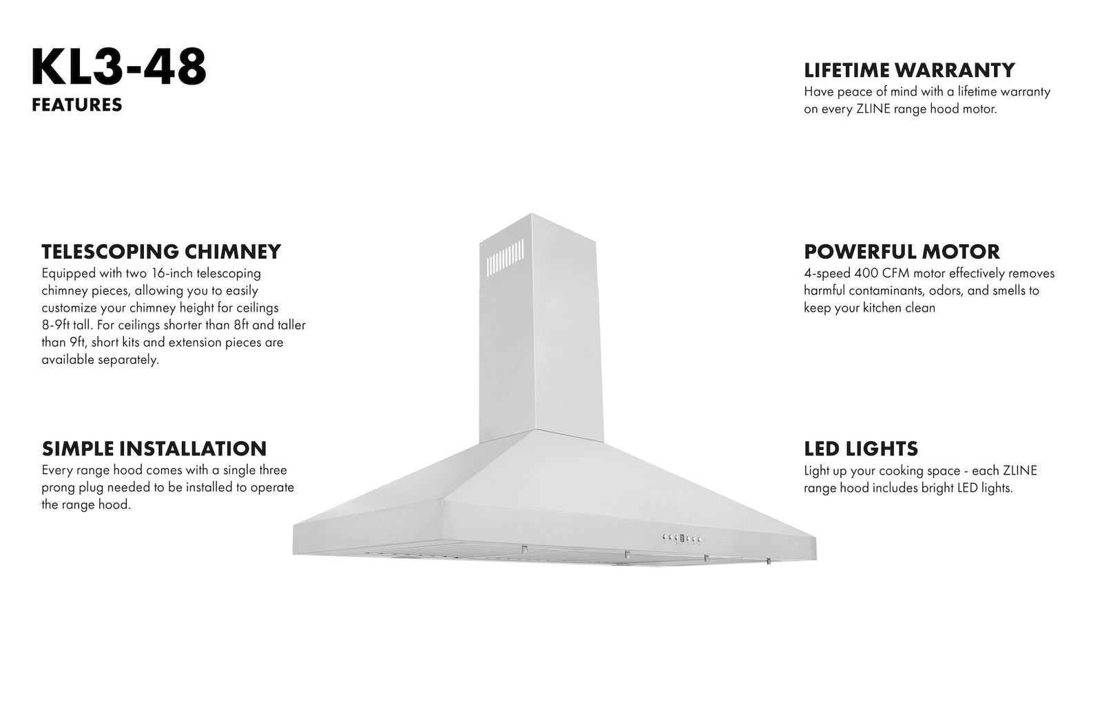 ZLINE 48 in. Convertible Vent Wall Mount Range Hood in Stainless Steel, KL3-48 - Smart Kitchen Lab