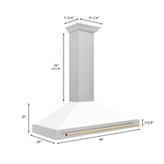 ZLINE 48 Inch Autograph Edition DuraSnow® Stainless Steel Range Hood with a White Matte Shell and Gold Handle, KB4SNZ-WM48-G - Smart Kitchen Lab