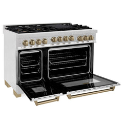 ZLINE 48 Inch Autograph Edition Gas Range in DuraSnow® Stainless Steel with Champagne Bronze Accents, RGSZ-SN-48-CB - Smart Kitchen Lab