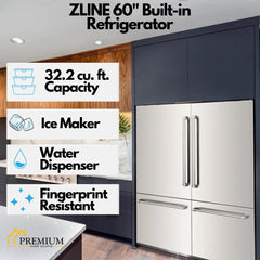 ZLINE 60 In. 32.2 cu. ft. Built-In 4-Door Refrigerator with Internal Water and Ice Dispenser in Stainless Steel, RBIV-304-60 - Smart Kitchen Lab