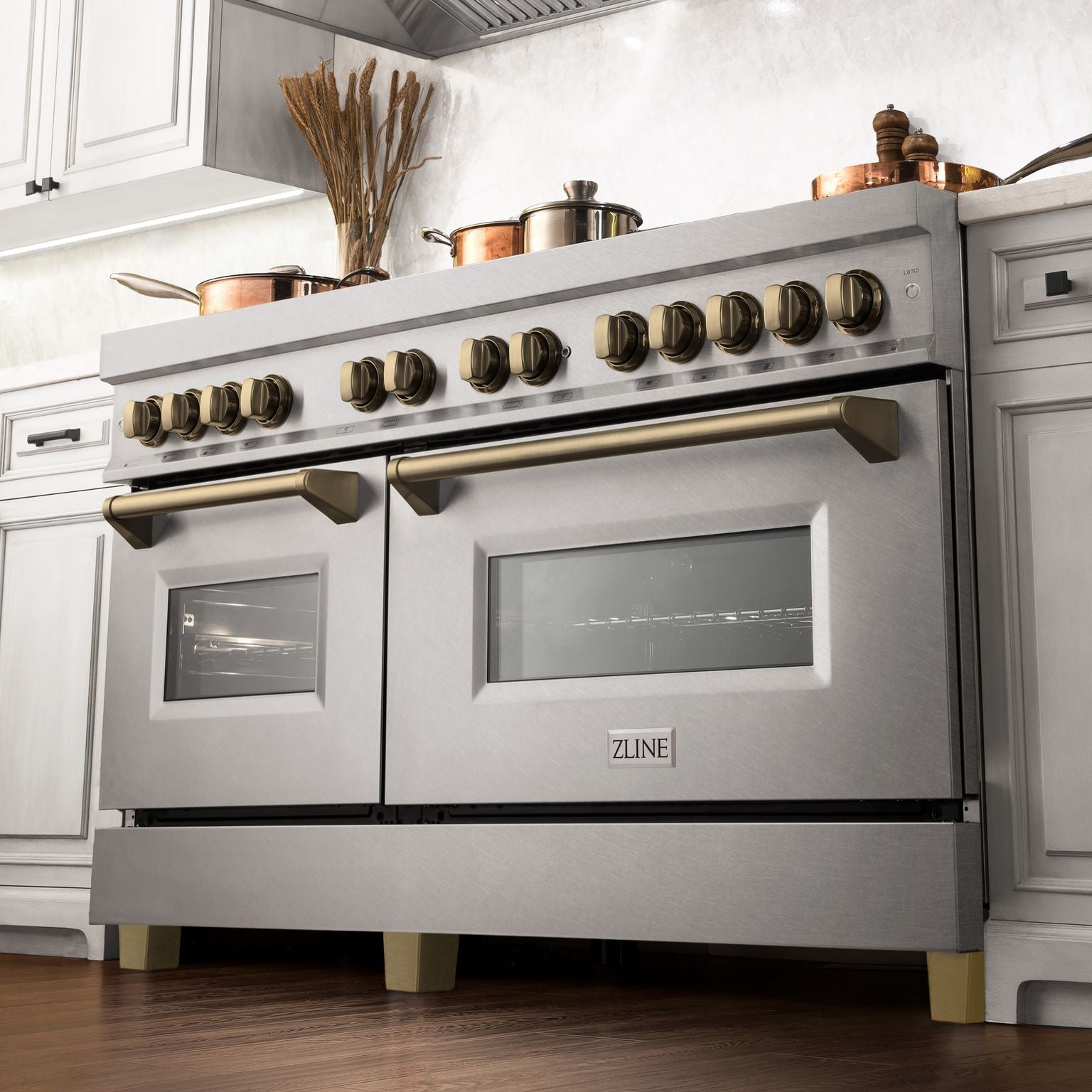 ZLINE 60 Inch Autograph Edition Dual Fuel Range in DuraSnow Stainless Steel with Champagne Bronze Accents, RASZ-SN-60-CB - Smart Kitchen Lab