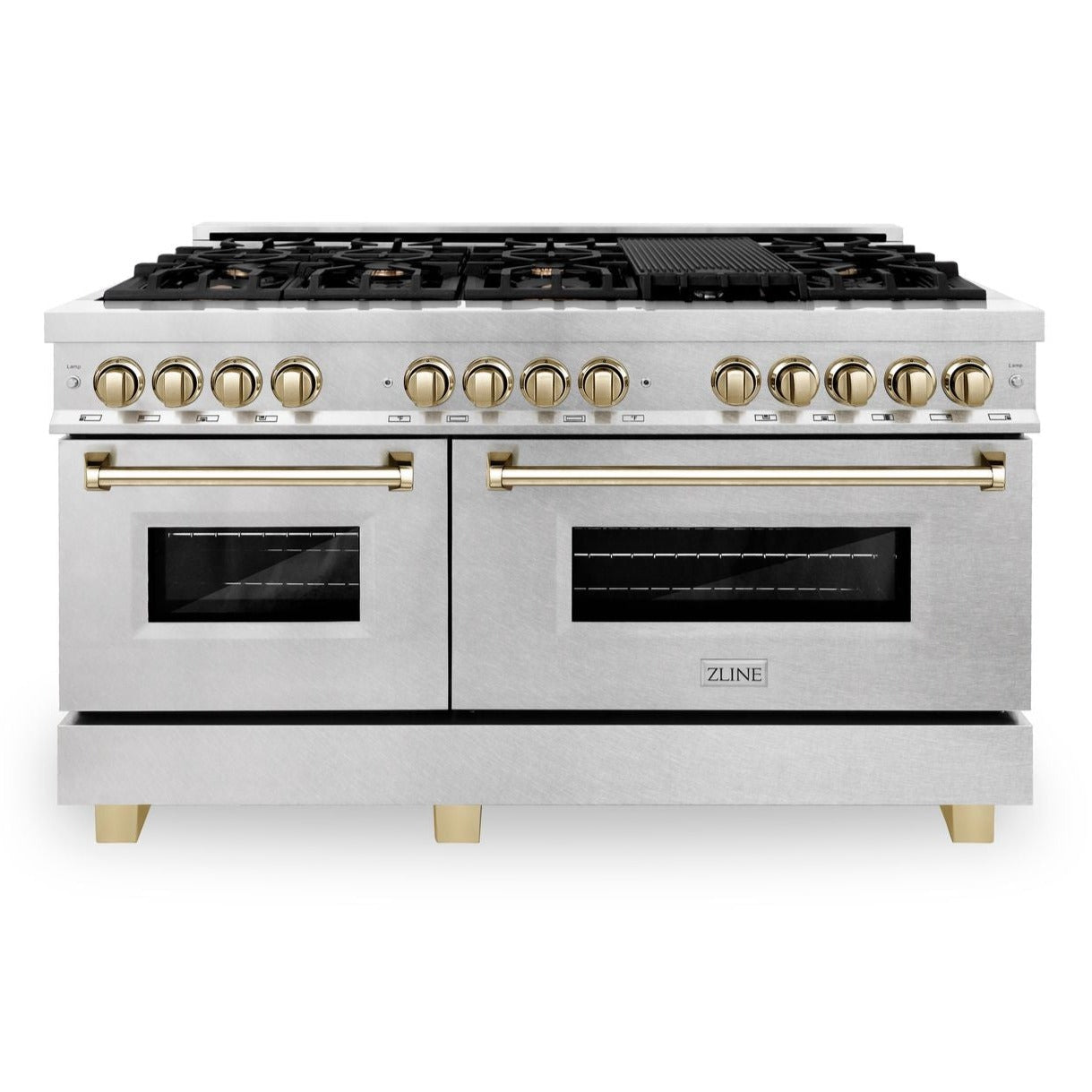 ZLINE 60 Inch Autograph Edition Dual Fuel Range in DuraSnow® Stainless Steel with Gold Accents, RASZ-SN-60-G - Smart Kitchen Lab