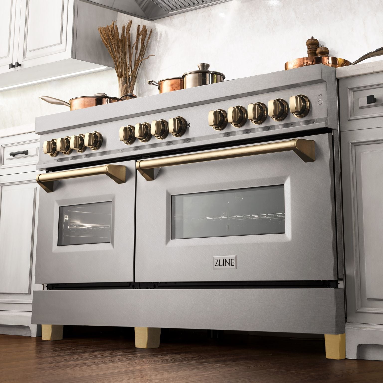 ZLINE 60 Inch Autograph Edition Dual Fuel Range in DuraSnow® Stainless Steel with Gold Accents, RASZ-SN-60-G - Smart Kitchen Lab