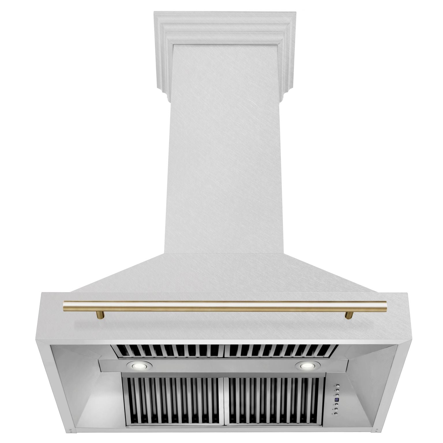 ZLINE Autograph 36 Inch DuraSnow® Stainless Steel Range Hood with DuraSnow® Shell and Gold Handle, 8654SNZ-36-G - Smart Kitchen Lab