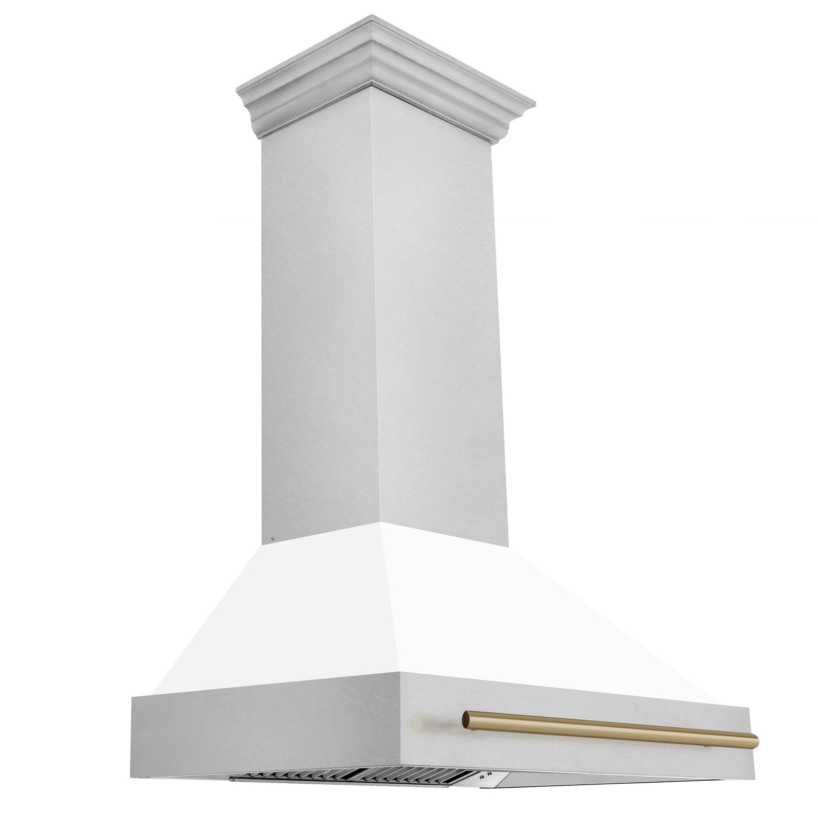 ZLINE Autograph 36 Inch DuraSnow® Stainless Steel Range Hood with White Matte Shell and Champagne Bronze Handle, 8654SNZ-WM36-CB - Smart Kitchen Lab