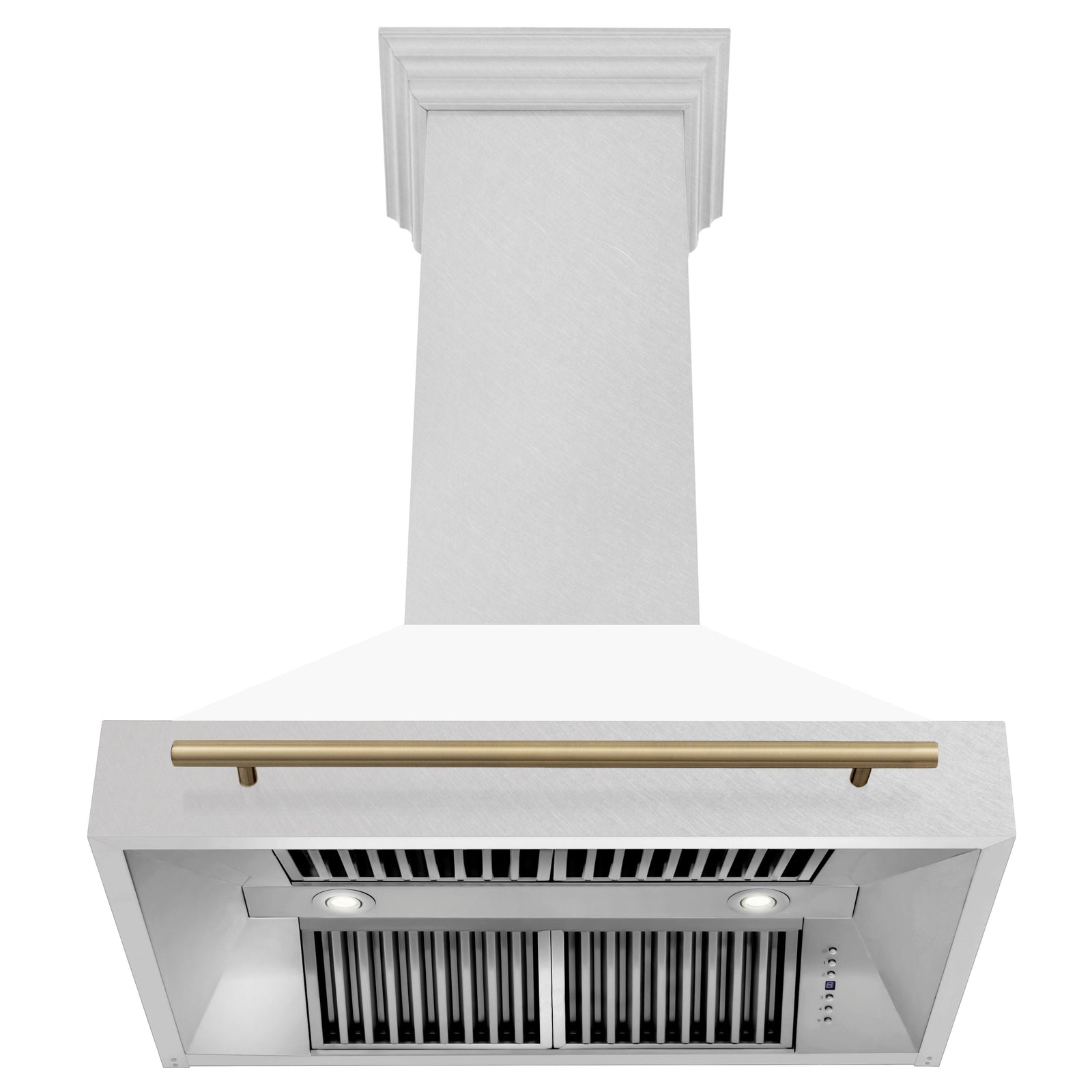 ZLINE Autograph 36 Inch DuraSnow® Stainless Steel Range Hood with White Matte Shell and Champagne Bronze Handle, 8654SNZ-WM36-CB - Smart Kitchen Lab