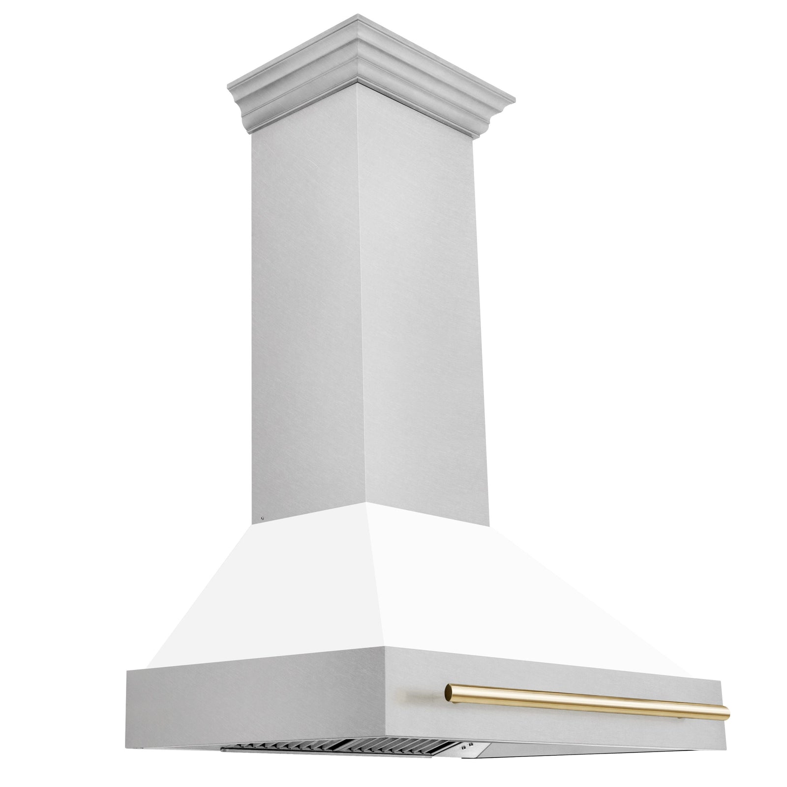 ZLINE Autograph 36 Inch DuraSnow® Stainless Steel Range Hood with White Matte Shell and Gold Handle, 8654SNZ-WM36-G - Smart Kitchen Lab