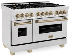ZLINE Autograph 48 in. Gas Burner, Electric Oven in DuraSnow® Stainless Steel with Champagne Bronze Accents, RASZ-SN-48-CB - Smart Kitchen Lab