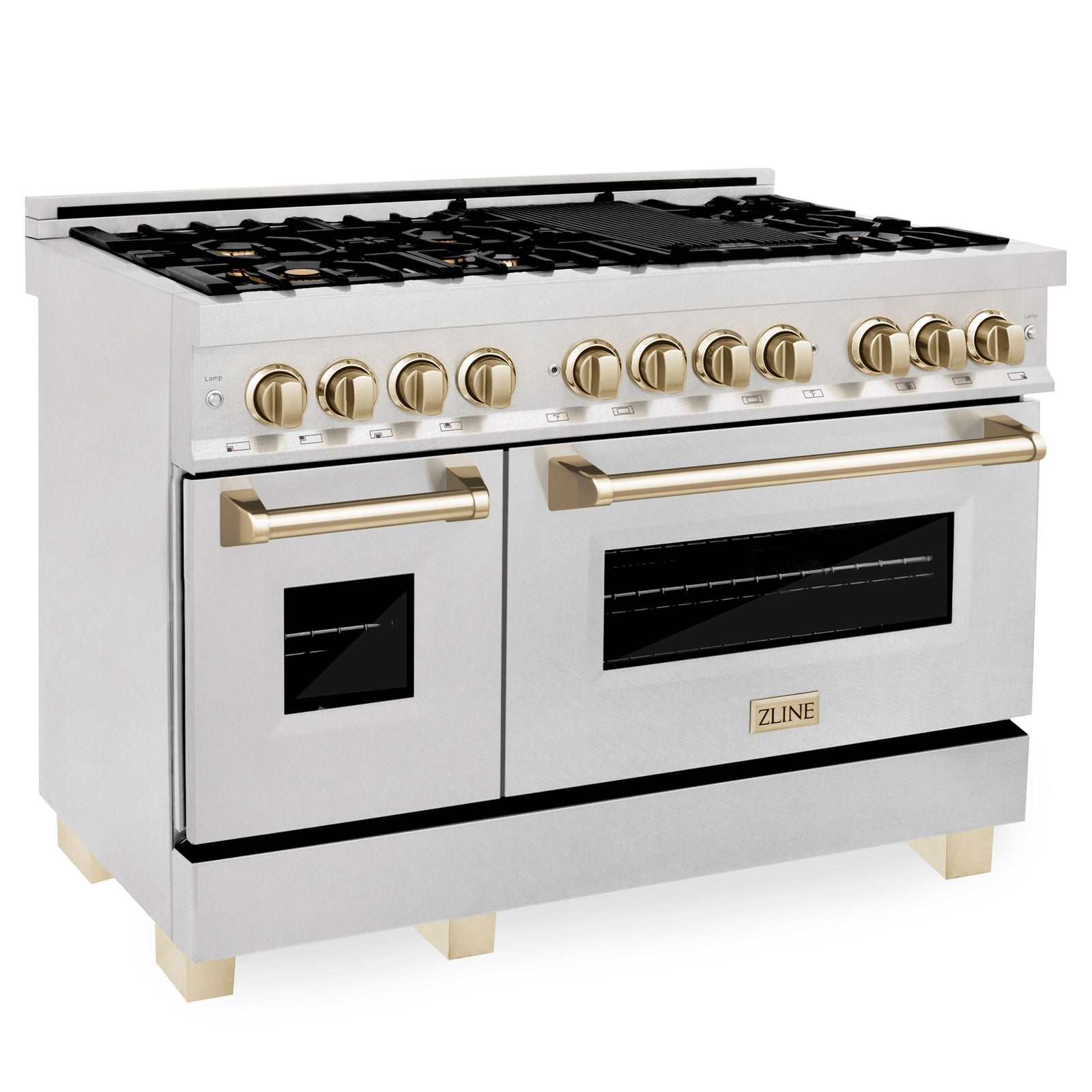 ZLINE Autograph 48 in. Gas Burner/Electric Oven in DuraSnow® Stainless Steel with Gold Accents, RASZ-SN-48-G - Smart Kitchen Lab
